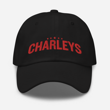 Load image into Gallery viewer, Classic Charleys dad hat with black fabric and red thread that says &quot;Charleys&quot; with five red stars on the front. 
