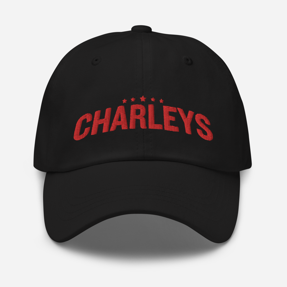 Classic Charleys dad hat with black fabric and red thread that says 