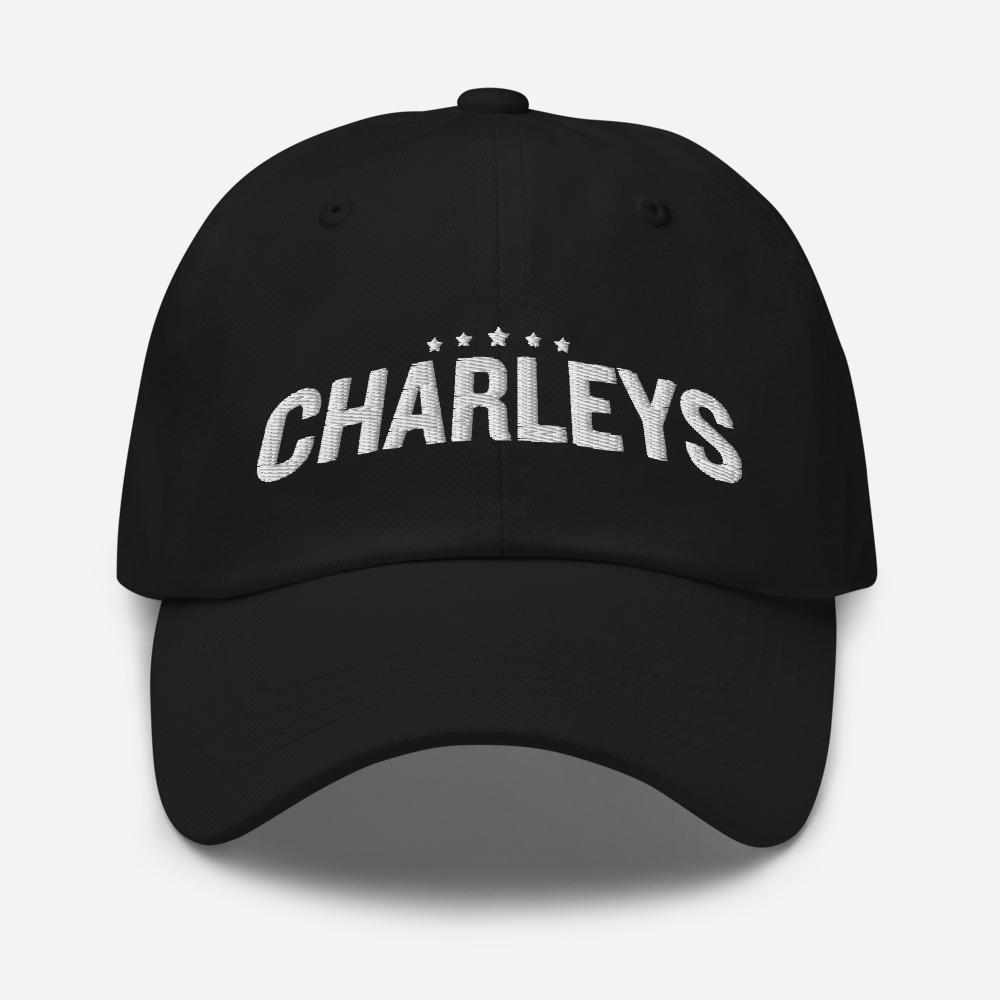Classic dad hat with black fabric and white thread that says 