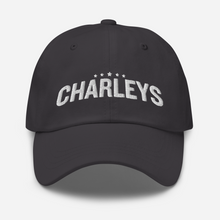 Load image into Gallery viewer, Classic dad hat with grey fabric and white thread that says &quot;Charleys&quot; with five white stars.
