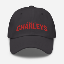 Load image into Gallery viewer, Classic Charleys dad hat with grey fabric and red thread that says &quot;Charleys&quot; with five red stars on the front. 

