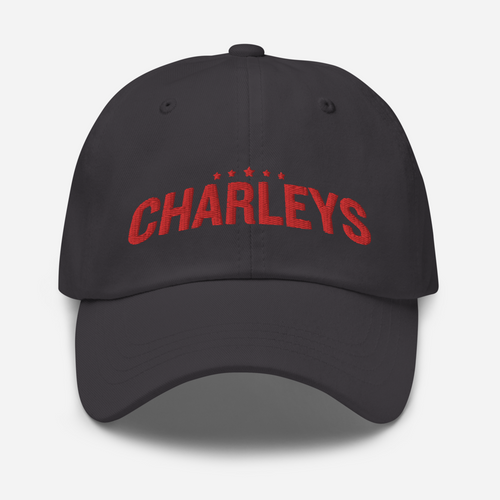 Classic Charleys dad hat with grey fabric and red thread that says 
