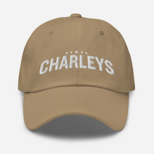 Load image into Gallery viewer, Classic dad hat with khaki fabric and white thread that says &quot;Charleys&quot; with five white stars.
