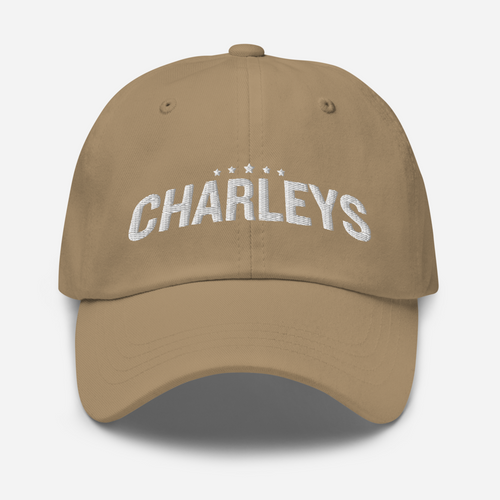 Classic dad hat with khaki fabric and white thread that says 