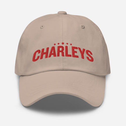 Classic Charleys dad hat with light tan fabric and red thread that says 