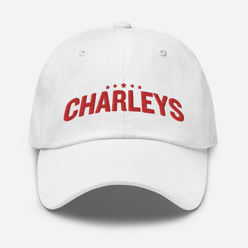 Classic Charleys dad hat with white fabric and red thread that says 