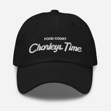 Load image into Gallery viewer, Classic dad hat with black fabric and white thread that says &quot;Food Court Charleys Time&quot; with a white Charleys logo on the back of the hat.
