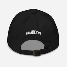 Load image into Gallery viewer, Back of the black Charleys hat with a white Charleys logo. 
