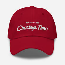 Load image into Gallery viewer, Classic dad hat with red fabric and white thread that says &quot;Food Court Charleys Time&quot; with a white Charleys logo on the back of the hat.
