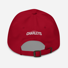 Load image into Gallery viewer, Back of the red Charleys hat with a white Charleys logo. 
