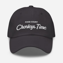 Load image into Gallery viewer, Classic dad hat with grey fabric and white thread that says &quot;Food Court Charleys Time&quot; with a white Charleys logo on the back of the hat.

