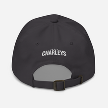 Load image into Gallery viewer, Back of the grey Charleys hat with a white Charleys logo. 
